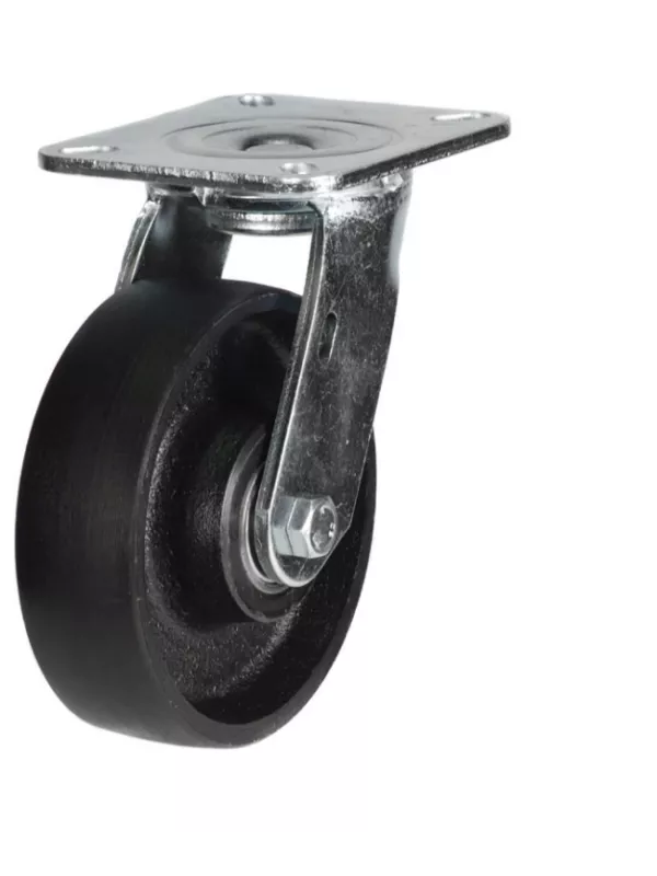 Black rubber swivel castor wheel with steel mounting plate for trolleys and warehouse equipment.